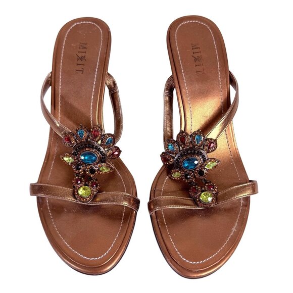 Bronze Strappy Sandals Peacock Rhinestone Accents Kitten Heels Size 8 By MixIt - Picture 1 of 14